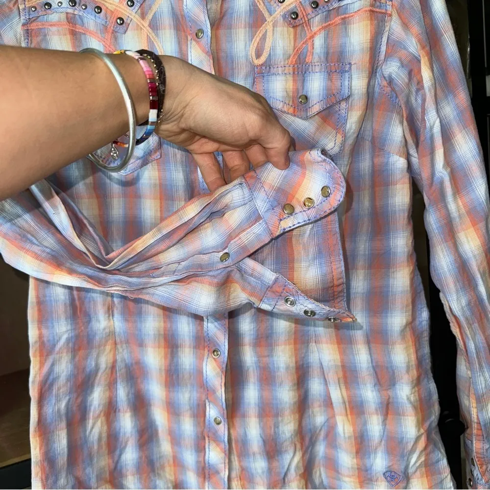 Ariat button down shirt Pearl Snap Plaid Western Rodeo Long Sleeve embroidered - Image 5
