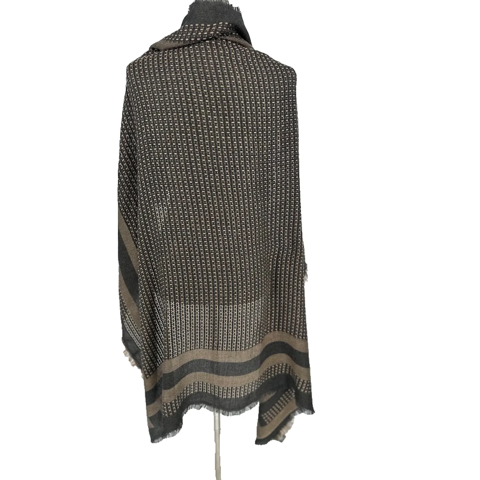 Vince Camuto Blanket Square Scarf Brown Black Basket Weave Fringe 46x48" - Image 3