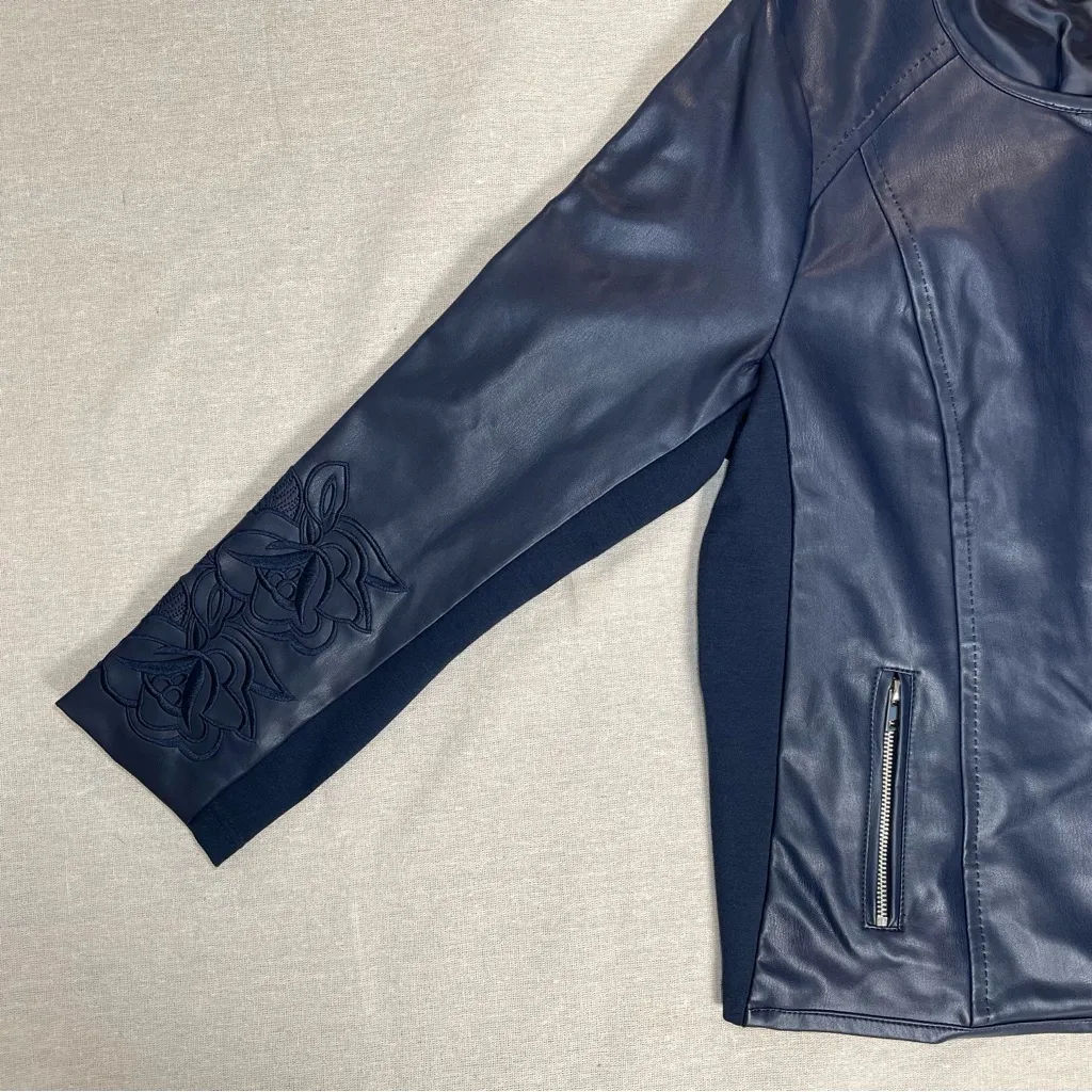 Christopher & Banks | Navy Zip-Up Faux Leather Floral Embroidered Jacket | PXL - Image 7