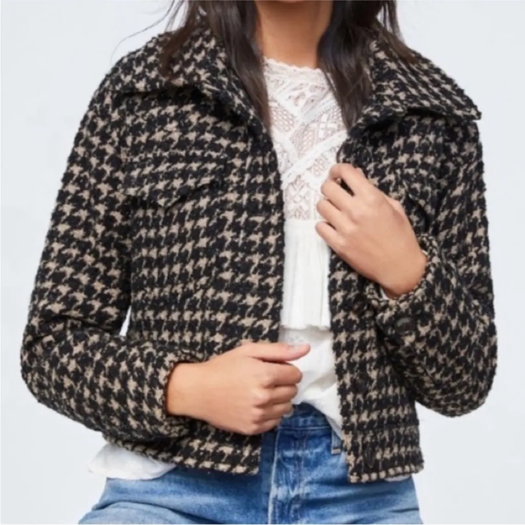 ANTHRO Sadie & Sage Houndstooth Black White Crop Jacket Boxy Snap Front Size L Gray Size L - Image 1