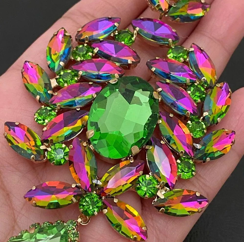 Stunning Watermelon & Green Rhinestones Teardrop Large Statement Earrings - Image 12