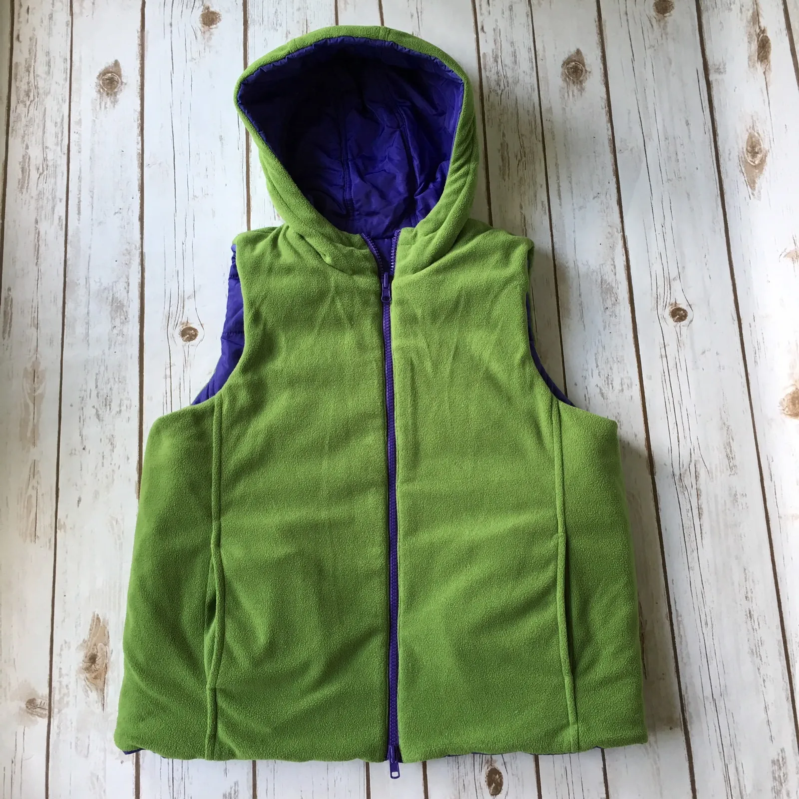 Hooded Puffer Vest M 8 10 Quilted Reversible Fleece Sleeveless Jacket Purple - Image 3