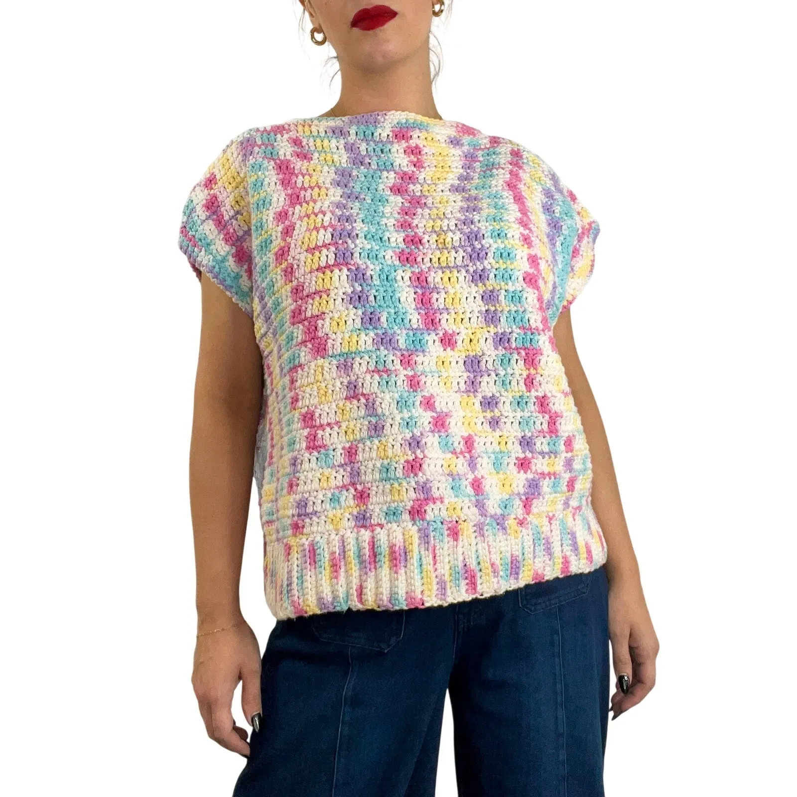 Vintage Handmade Pastel Multicolor Crochet Knit Sleeveless Boxy Sweater Large Pink - Image 2