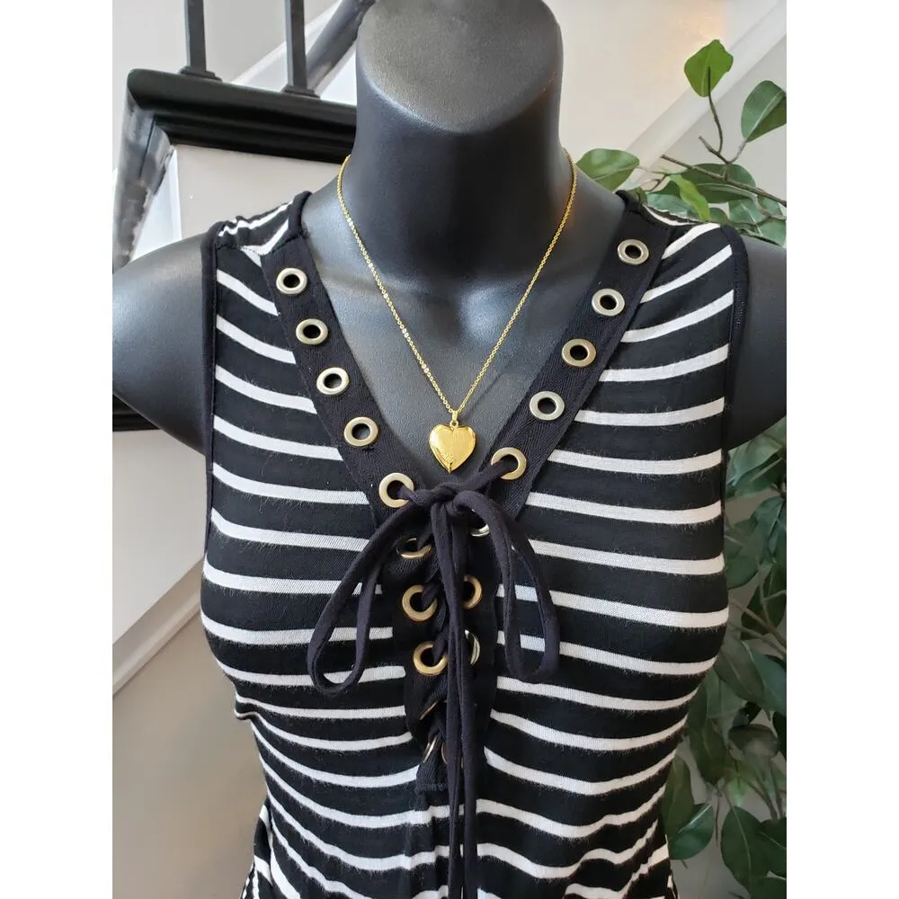 Espresso Long Maxi Dress Women's M Black White Striped Cinch Waist Lace Up Front Size M - Image 5