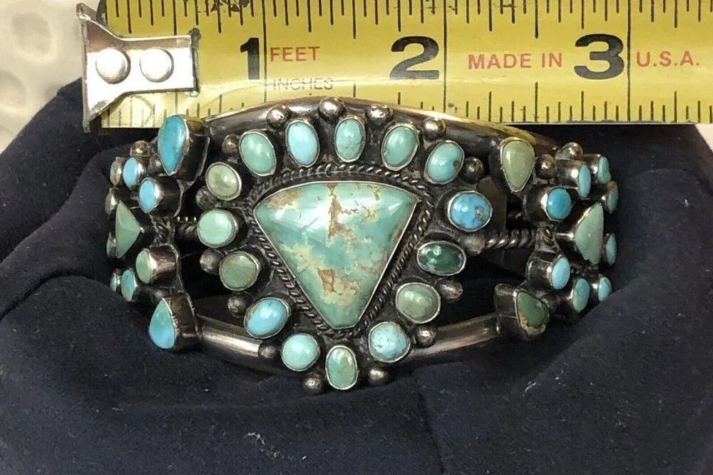 Indian 70 grams Sterling Silver Turquoise Cluster Bracelet Signed - Image 14