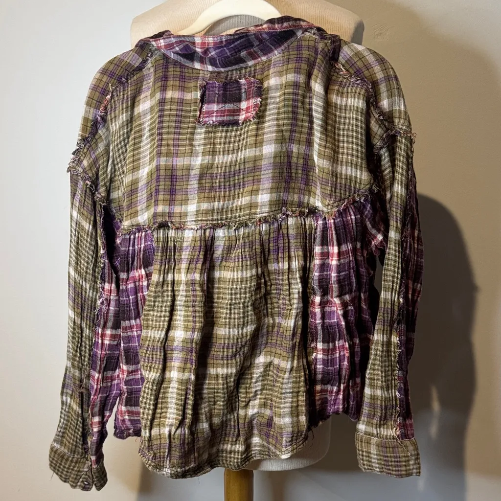 Free People we the free Checkered Top in Purple and Olive patchwork - Image 5