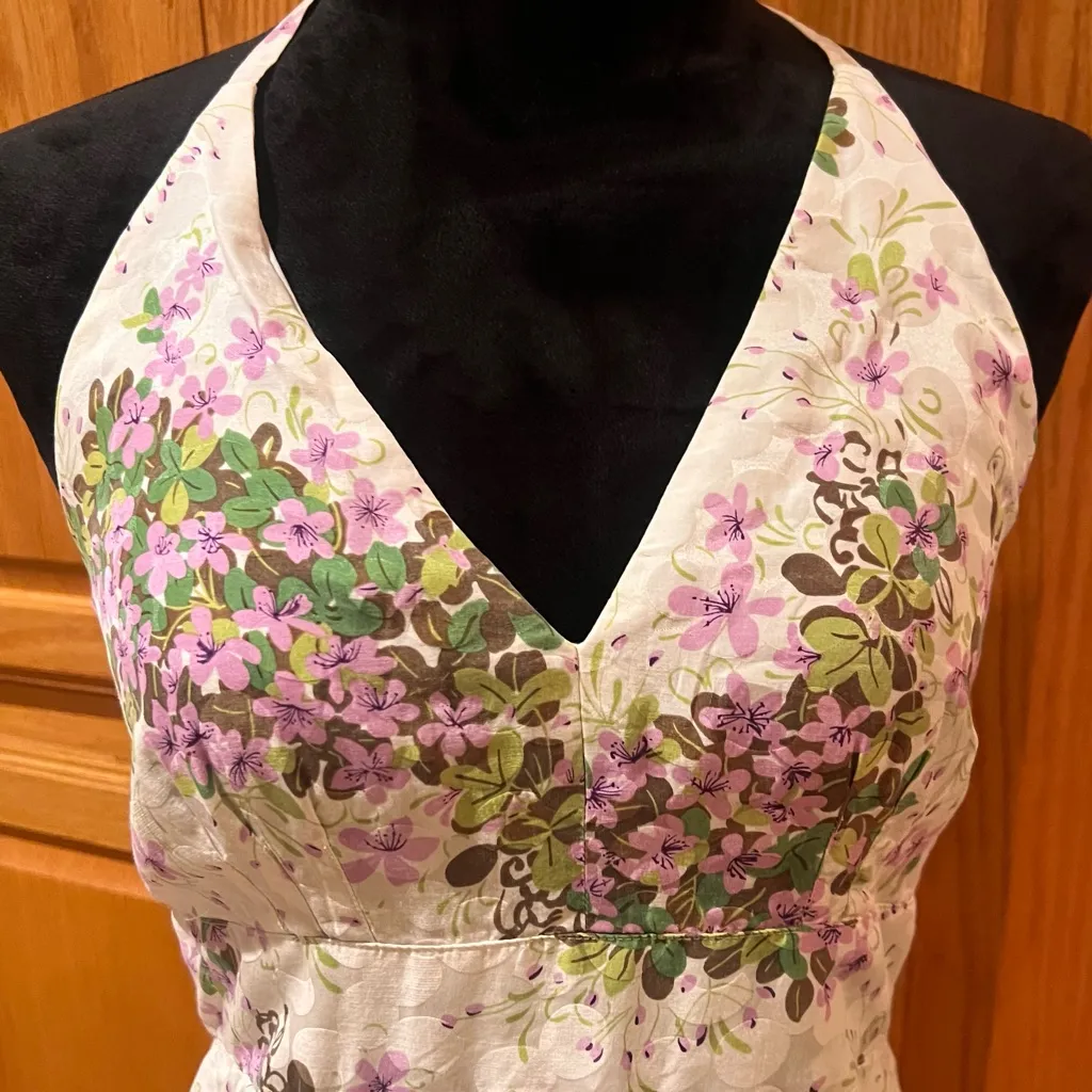 Anthropologie x Anna Sui Hidden Grove Floral Silk Ruched Halter Dress Size 8 - Image 2