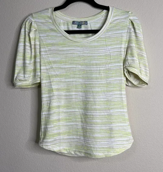 Good Luck Gem Striped Puff Sleeve Top Ribbed Knit Tee Chartreuse White M - Image 1