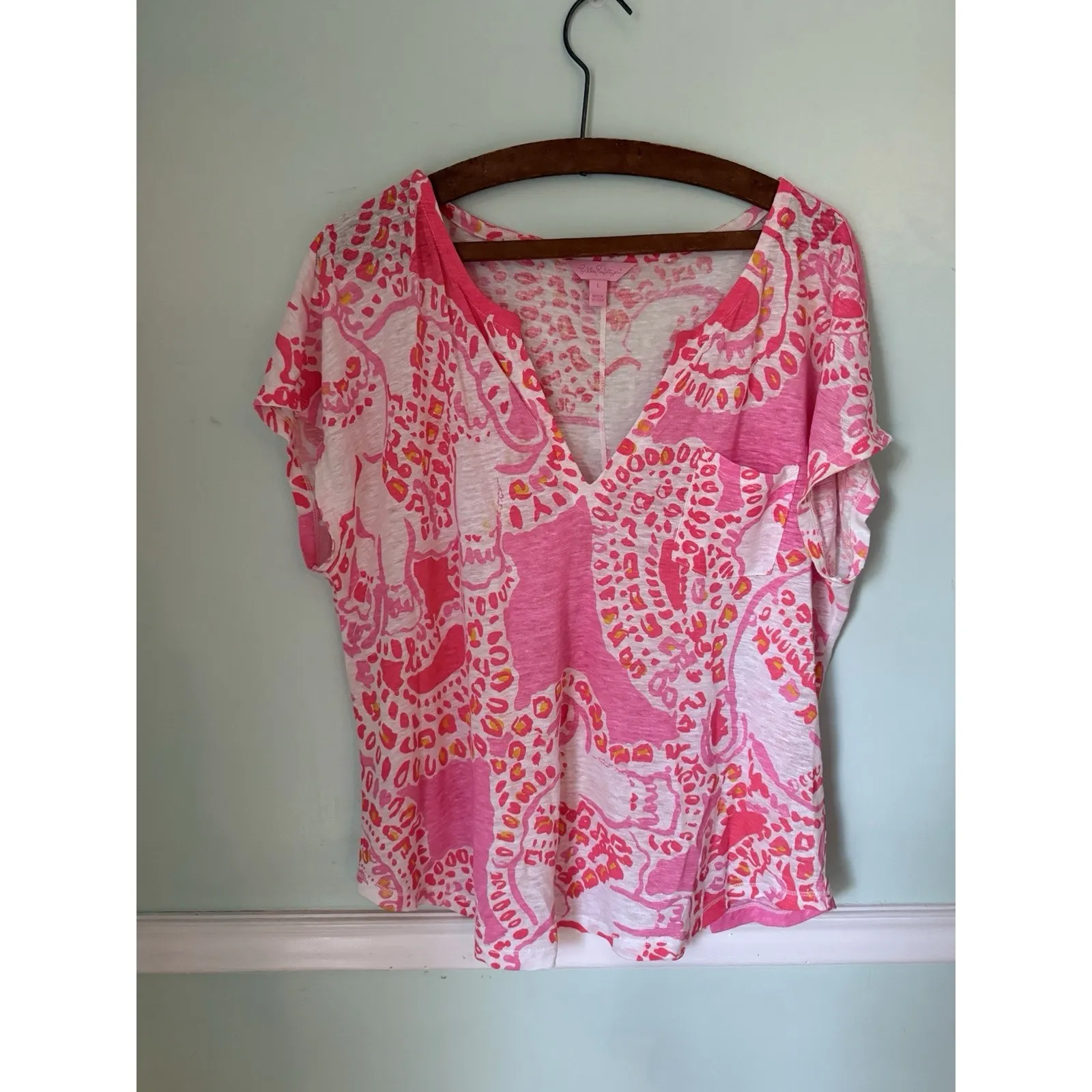 Lilly Pulitzer Tunic Top Duval Linen Hot Coral Trunk in Love Pink Elephant L - Image 2