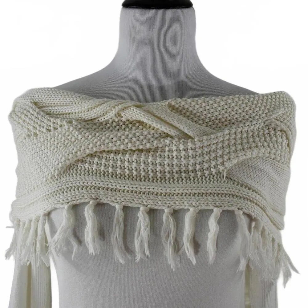 Cache Cream Off Shoulder Tassel Knit Sweater Size Small - Image 4