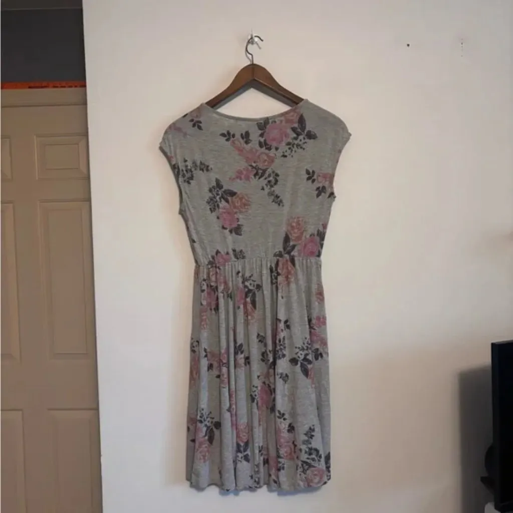 Torrid Gray & Pink Floral Print Casual Sleeveless Jersey Skater Dress - Image 7