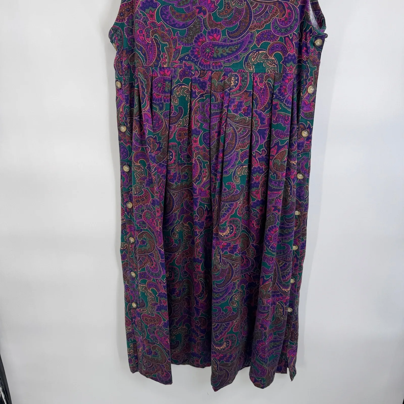 Vintage Pierre Cardin Paisley Button Side Pinafore Midi Dress Womens M Green - Image 3