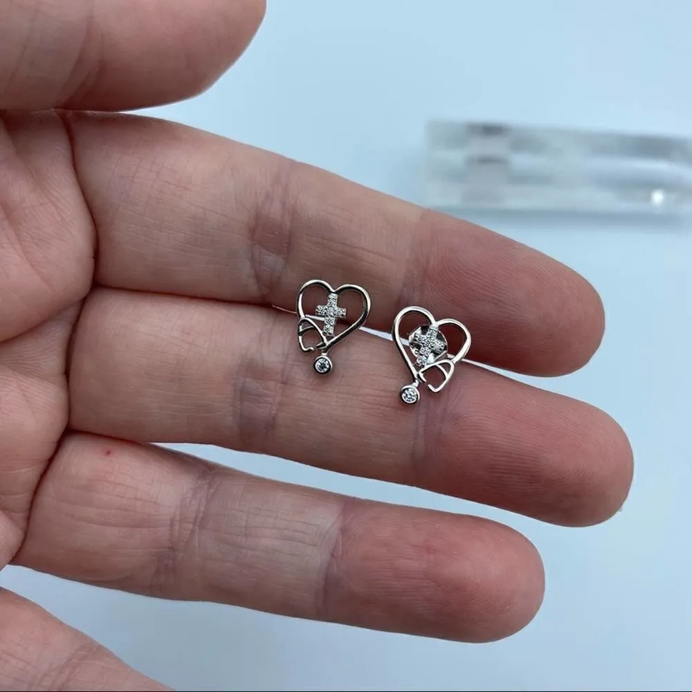 Stethoscope Sterling Silver CZ Earrings Silver - Image 3