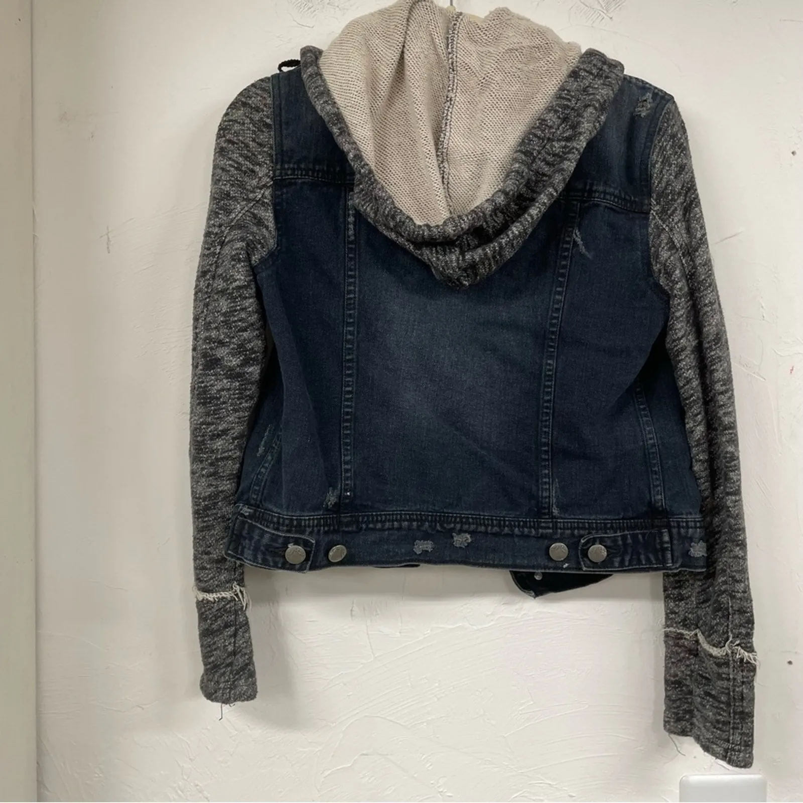 Free People Denim Hoodie Jacket With Grey Sweater Sleeve Womens S Blue Jean - Image 7