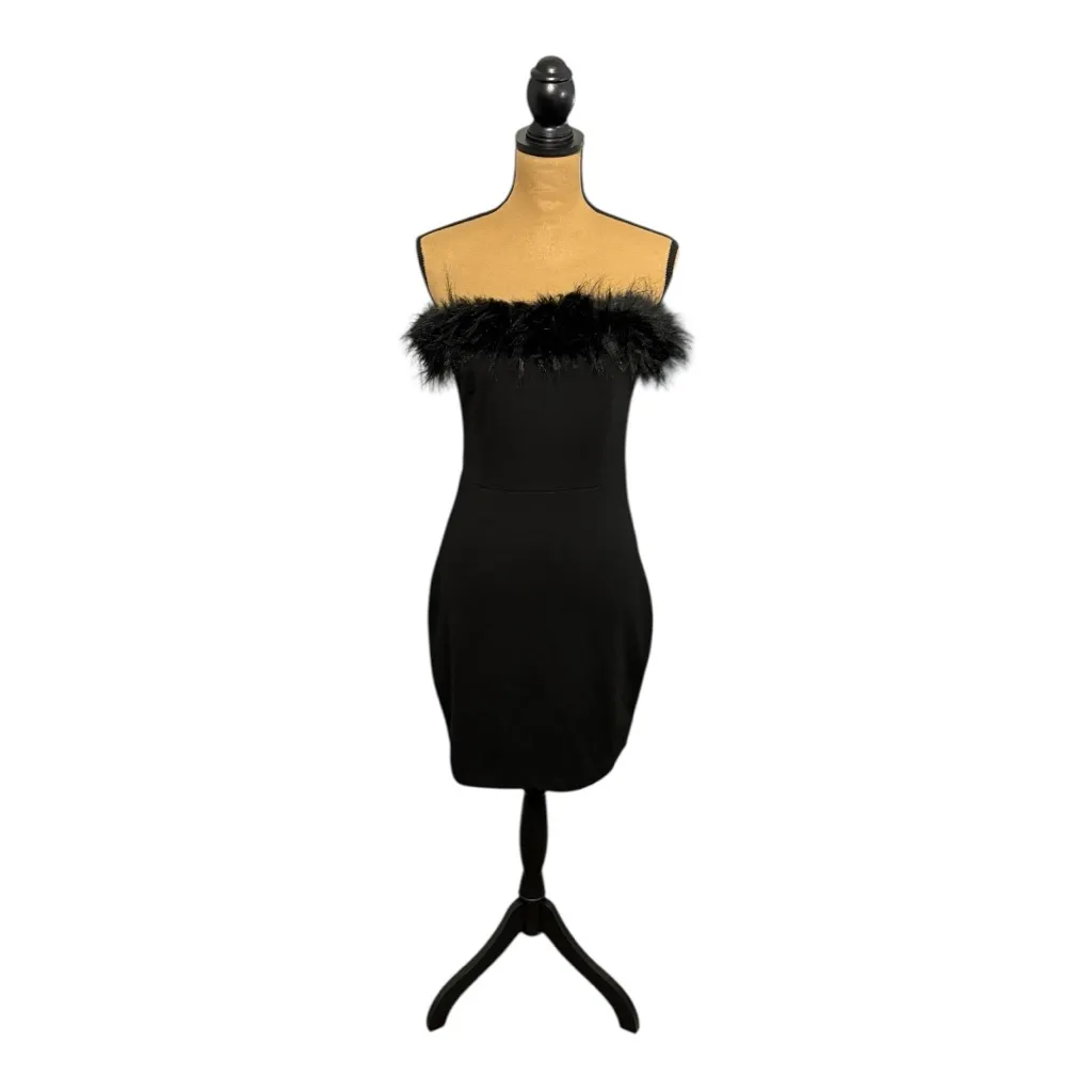 Y2K Venus Strapless Feather Trim Mini Cocktail Dress Women’s 8 Mob Wife Glam LBD - Image 2