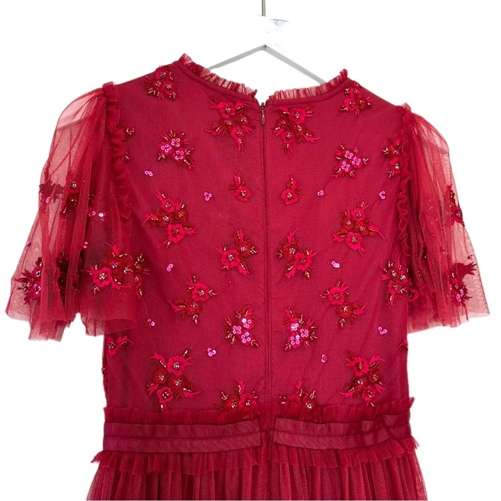 Ivy City Co. Embroidered Tulle Midi Red Floral Beaded Short Sleeve Size XS - Image 10