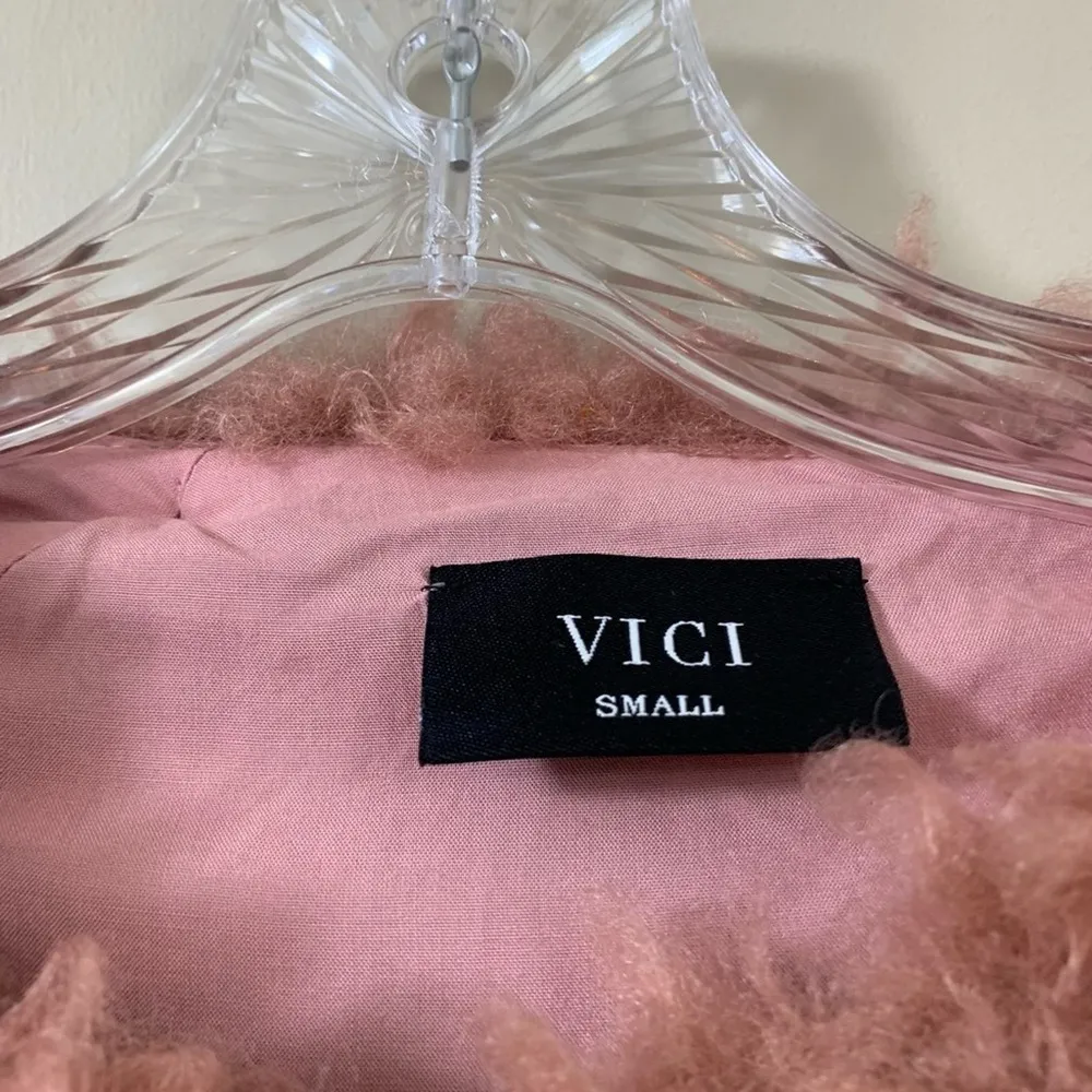 Vici Faux Fur Shag Mauve Pink Crop Bell Sleeve Jacket - Image 2