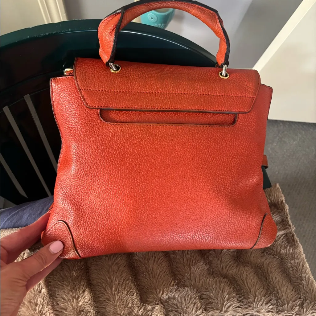 MCM Handbags Orange Leather Satchel Purse Small Tote Visetos Logo Studs Bag - Image 8