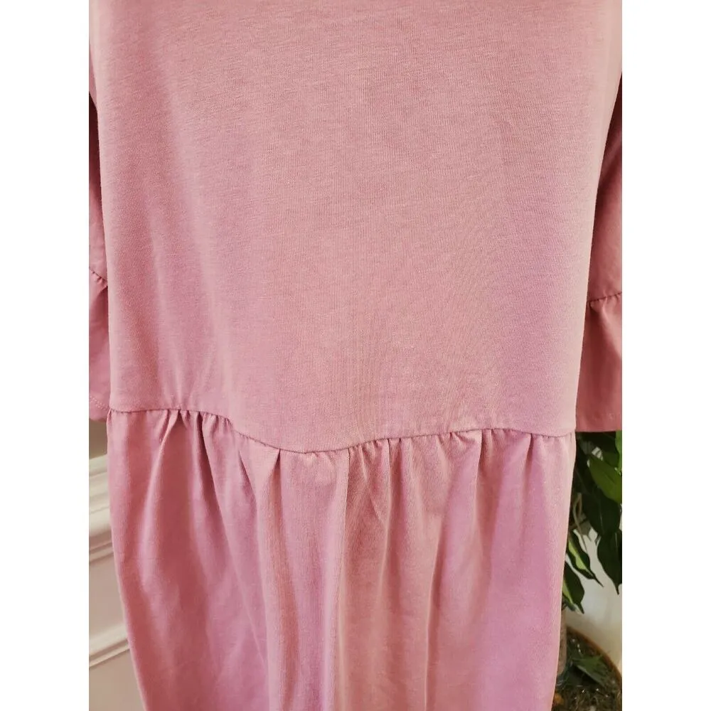 Asos Design Womens Solid Pink Cotton Round Neck Long Sleeve Knee Length Dress 16 - Image 3