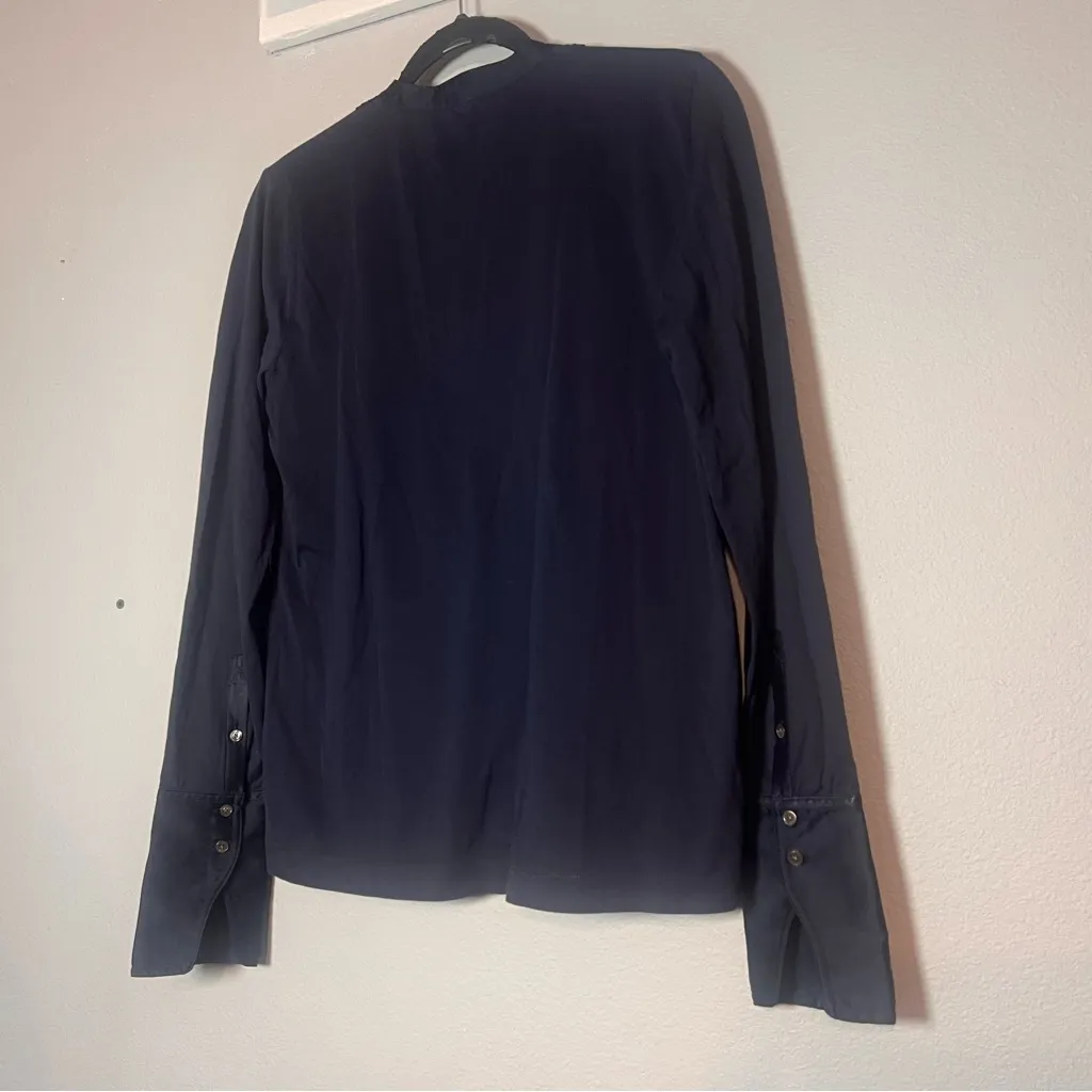 J. Crew Tuxedo Bib Blouse Navy Blue Pleated Button Detail Cotton Size Medium - Image 6