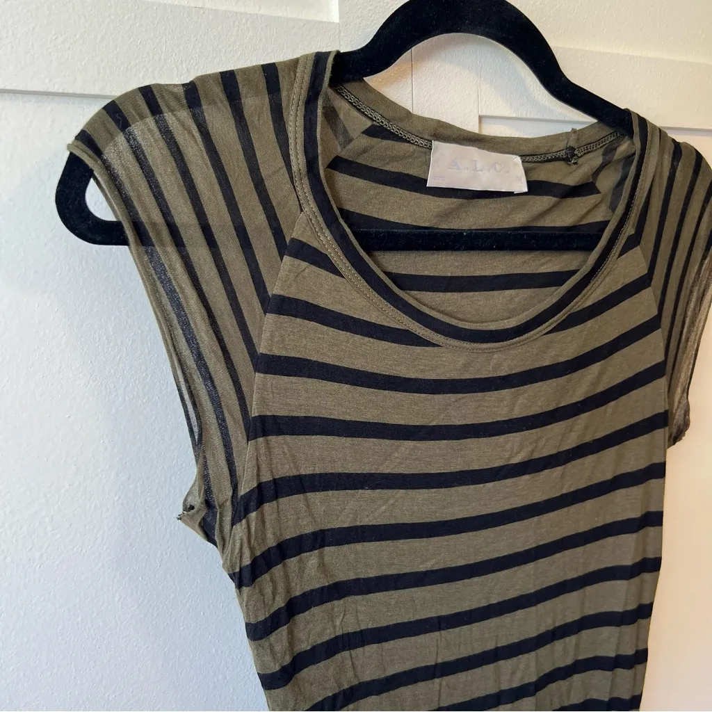 A.L.C Women’s Green‎ Short Sleeve Ruched Bodycon Midi Striped Dress Size Small - Image 3