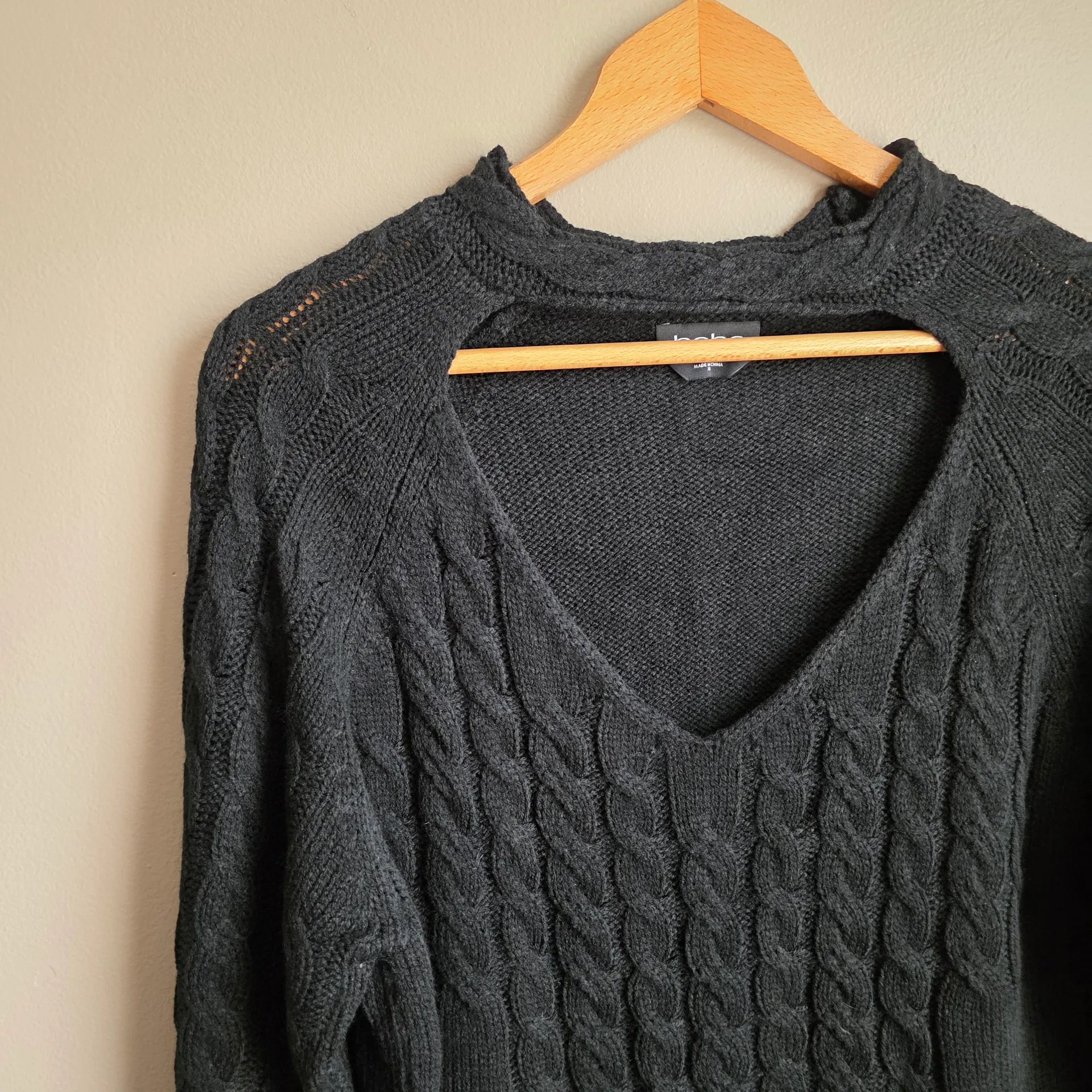 bebe Black V-Neck Cable Knit Sweater - Image 4