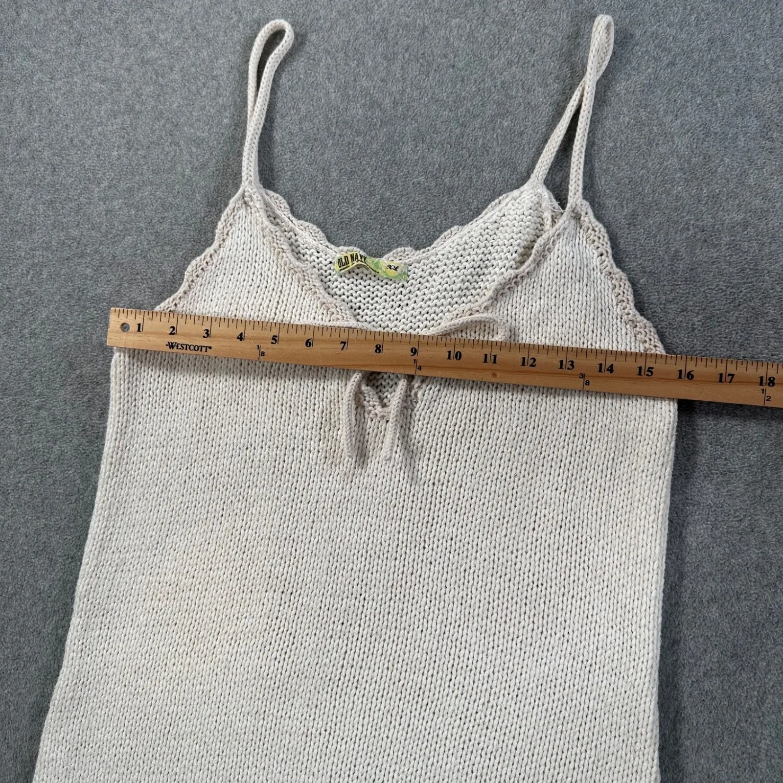 Old Navy Crochet Open Knit Mini Dress Size XL Beige Scallop Hem Beachy Y2k Bow - Image 6