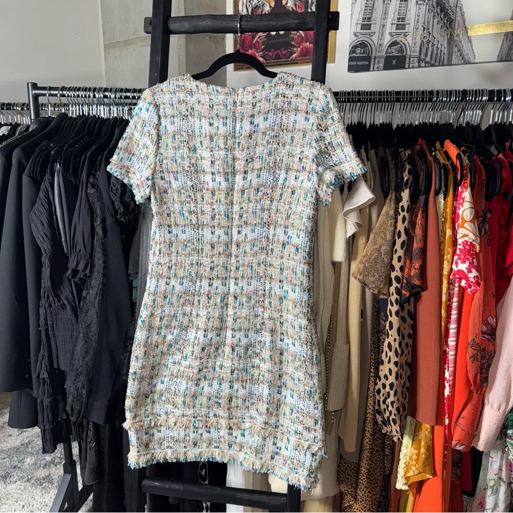 Santorelli Multicolor Metallic Fringed Tweed Shift Dress NWT $495 White Size 8 - Image 7