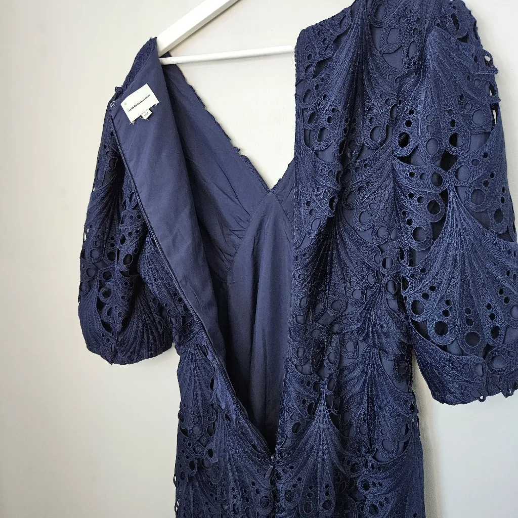 Adelyn Rae Harper Lace Mini Dress Cocktail Scallop Navy Blue Empire-waist V-neck - Image 7