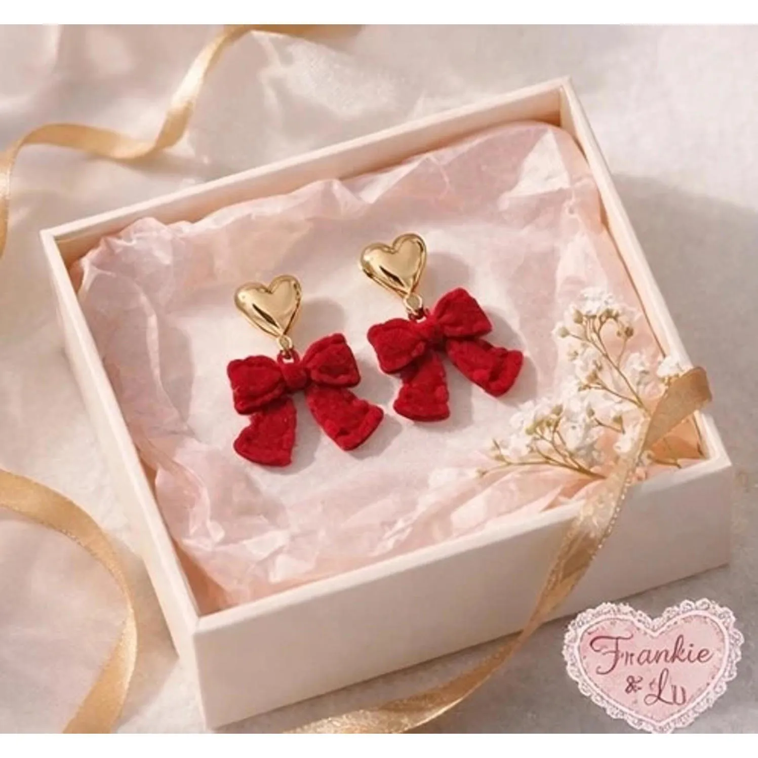Gold Heart Stud Red Velvet Bow Dangle Earrings Coquette Valentine NWT - Image 4