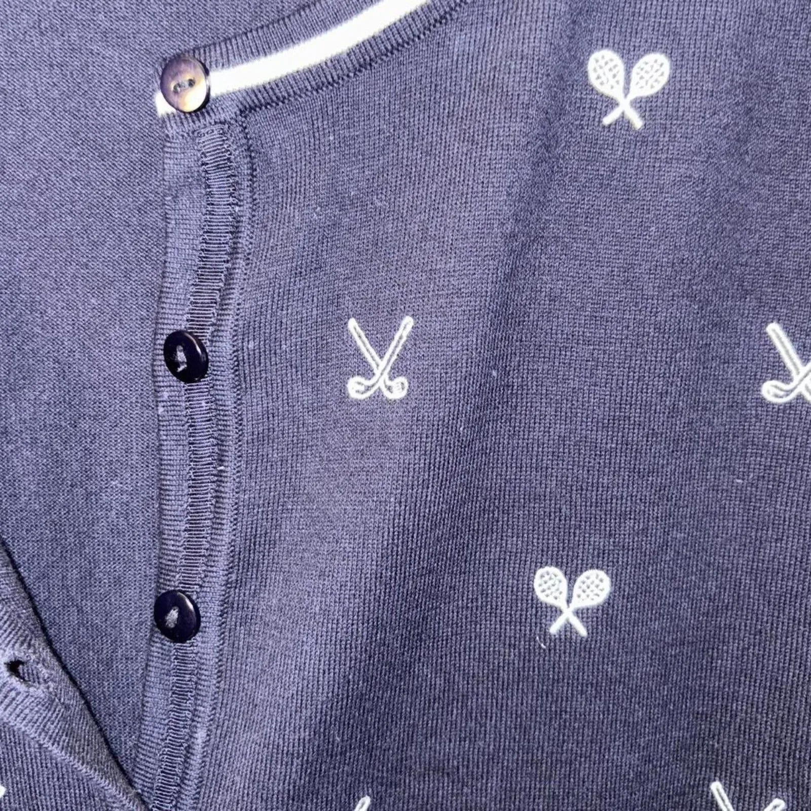 Talbots Navy Embroidered Preppy Charming Cardigan Tennis Golf Classic Knit sz L - Image 3