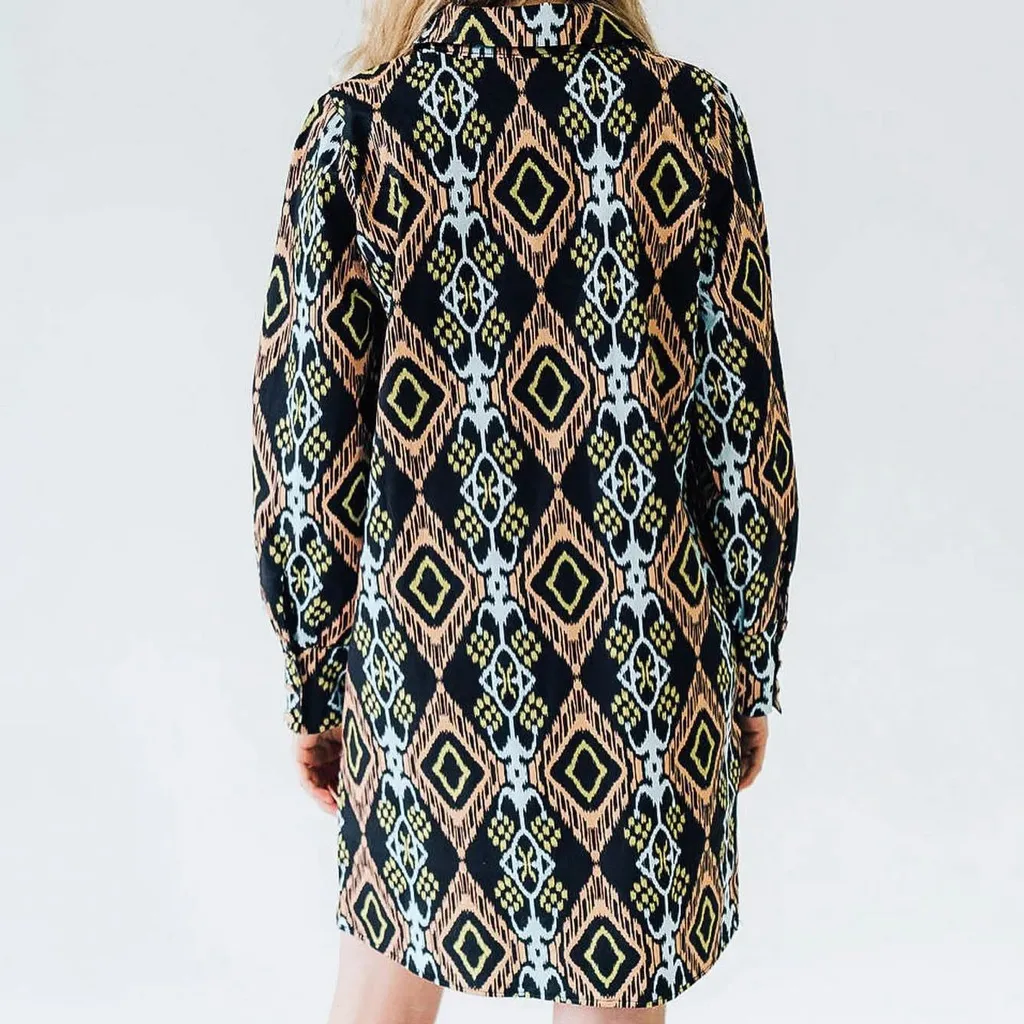 Never A Wallflower Long Sleeve Collared Half Button Mini Dress Ikat Print XS Black - Image 3