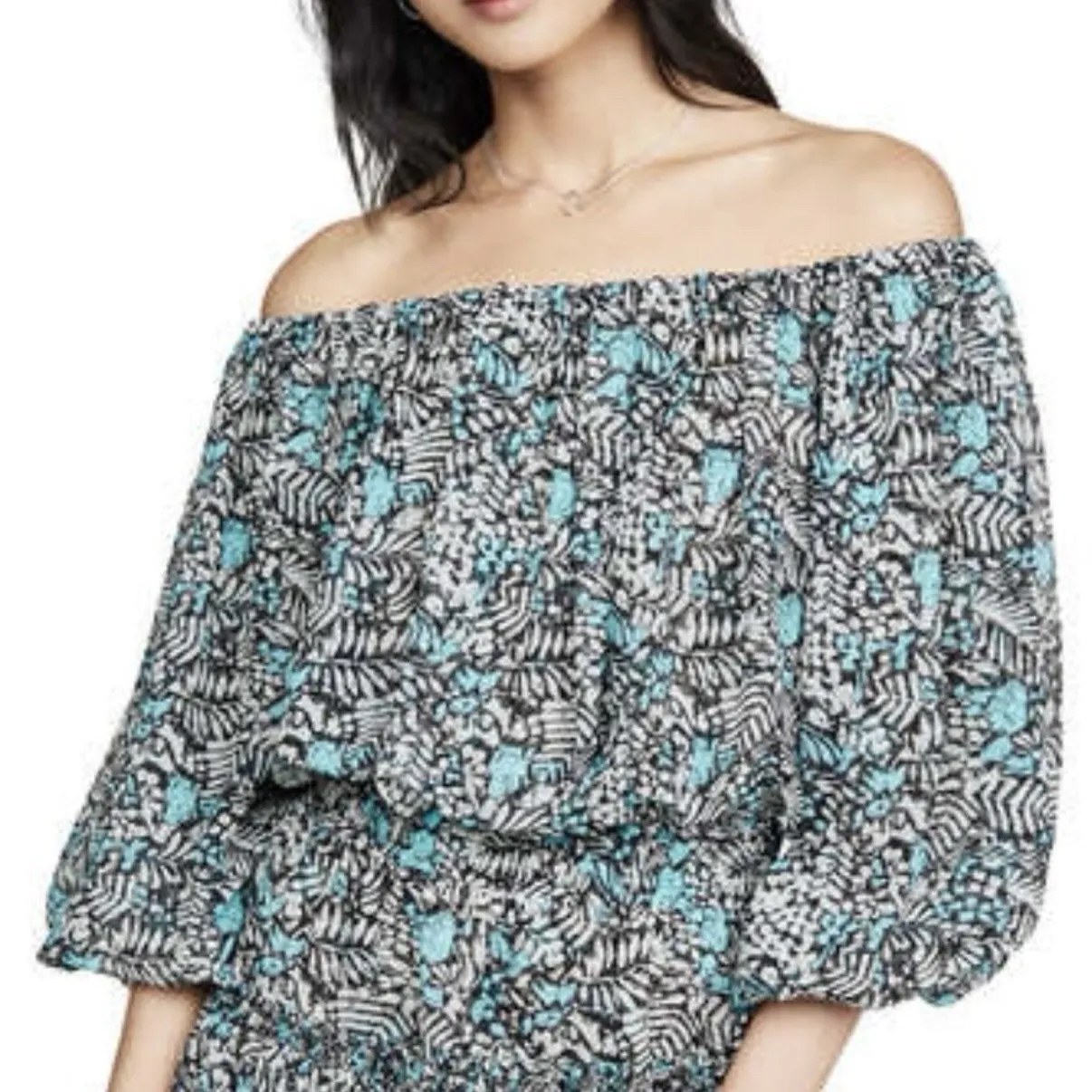 MISA Los Angeles Zonia Blue White Off Shoulder Ruffle Dress Size MEDIUM Revolve - Image 2