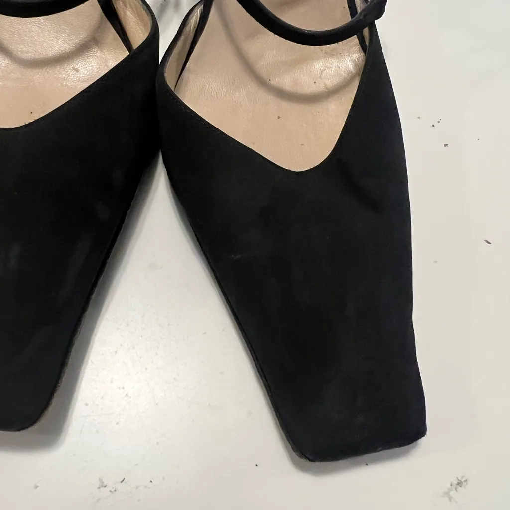 Nouchka black silk square toe mules vintage 6.5 gold embossed hardware - Image 13