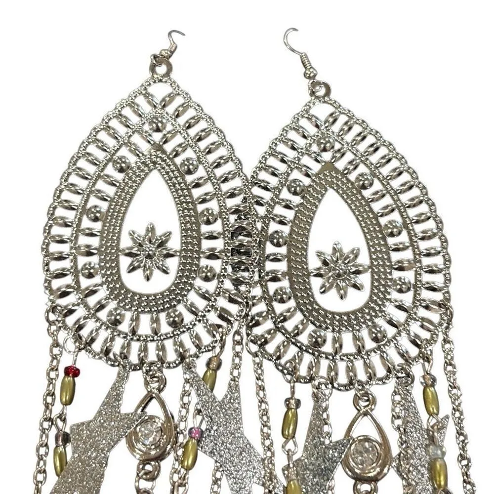 Silver Tone Teardrop Filigree Yellow Beaded Long Earrings Chain Fringe Stars NWT - Image 3