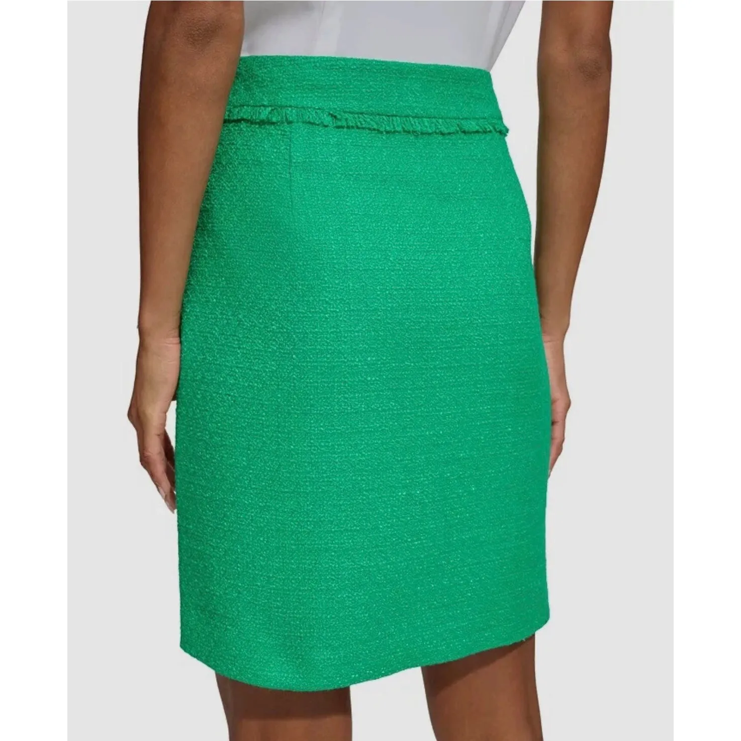 Karl Lagerfeld Pencil Skirt Tweed Fringe Women’s Size 4 Green Stretch Designer - Image 3