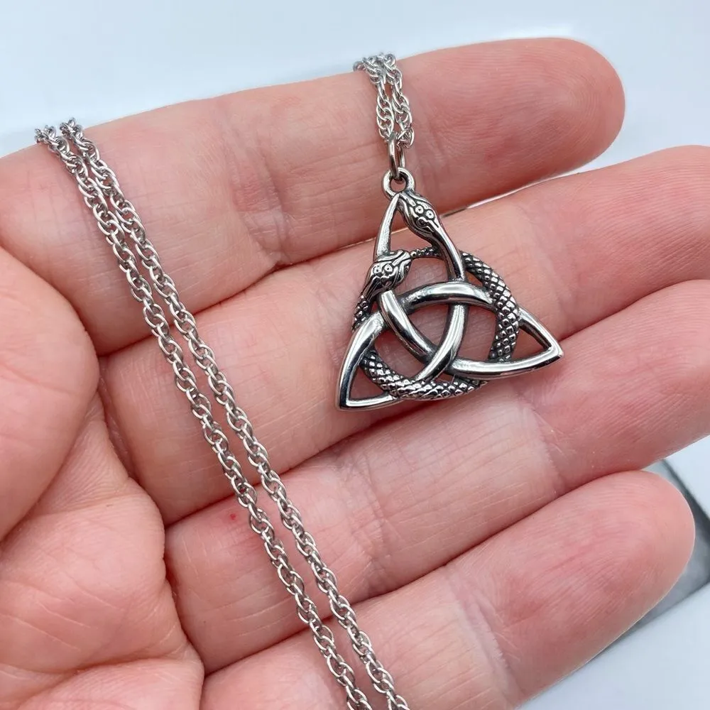Stainless Steel Celtic Knot Serpents Necklace Silver - Image 5