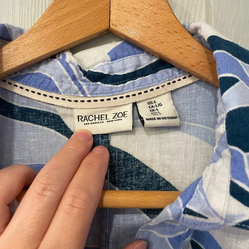 Rachel Zoe Women's L Linen Rayon Blue Sleeveless Collared Pockets Shift Dress - Image 3