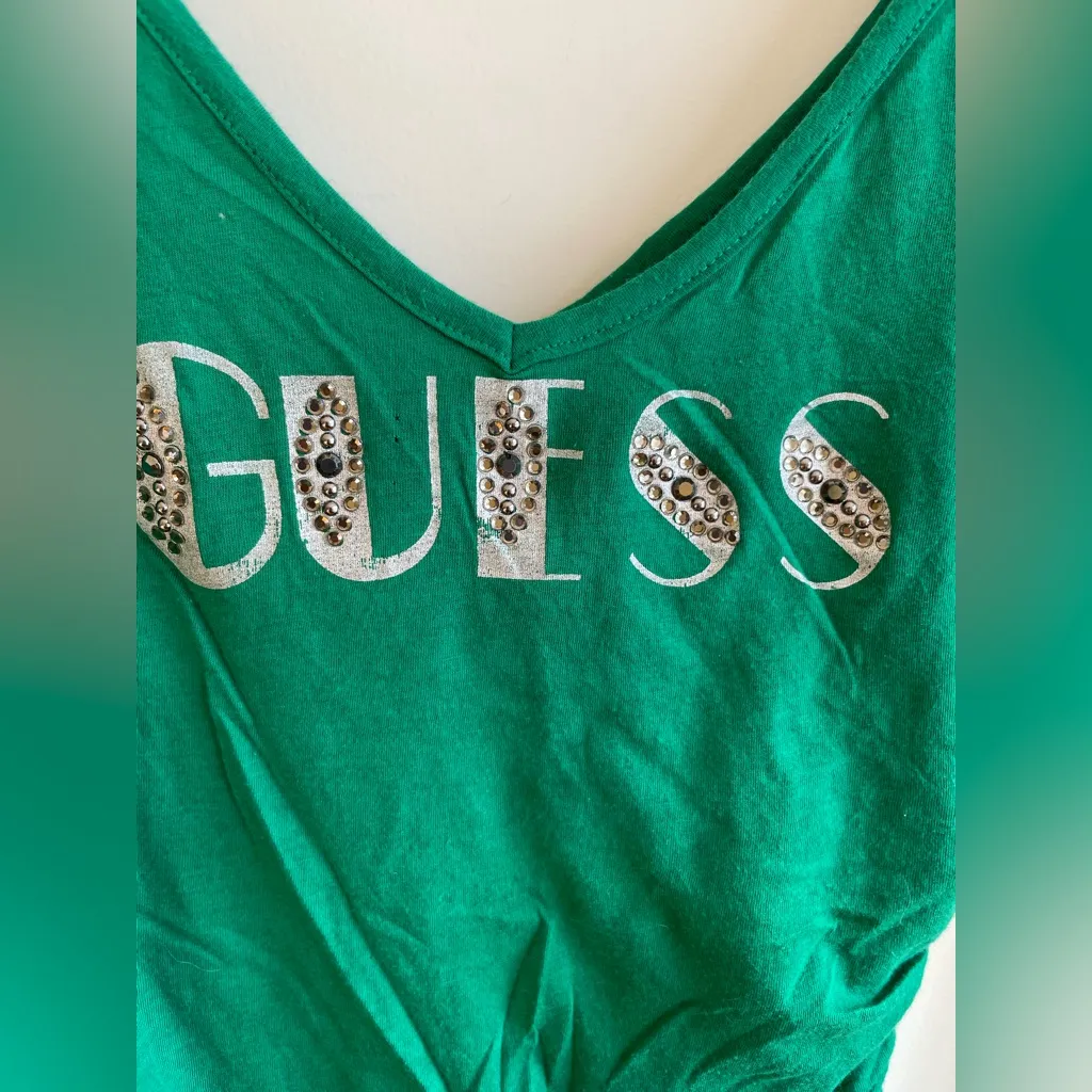 Vintage Y2K Guess Logo Bling Top Size XS Green Ruched Sides - Image 2