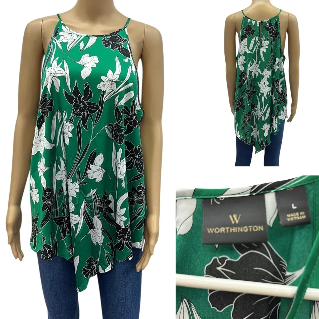 Worthington Green Floral Asymmetrical Sleeveless Satin Tunic Tank Top Blouse L - Image 2