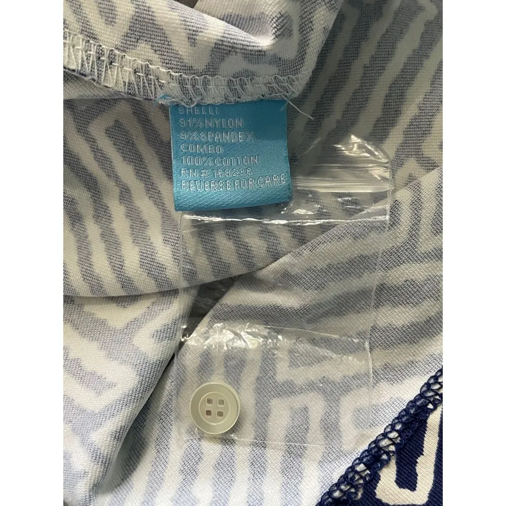 J McLaughlin Blue White Geometric Print Shift Dress Chambray Trim Size Large - Image 11