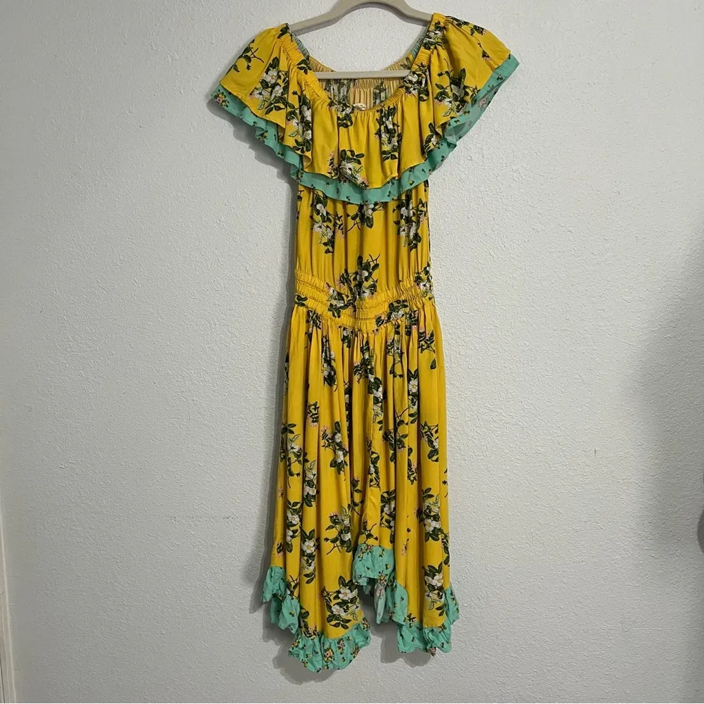 Matilda Jane Hooked On A Feeling Midi Dress Yellow Aqua Ruffle Size XS - Image 4