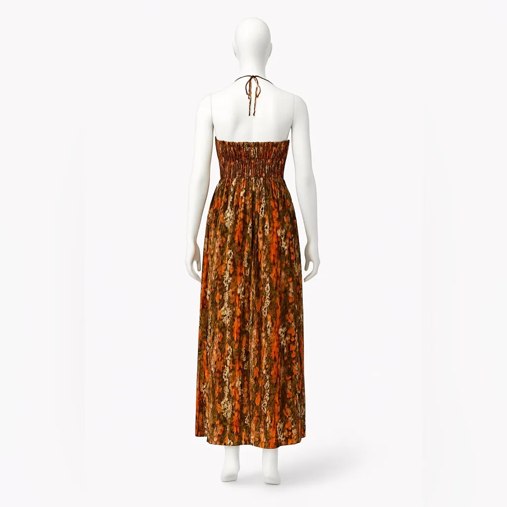 Caren Sport Smocked Maxi Dress w/ Beaded Halter Strap – Orange Brown Print Sz 1x - Image 2