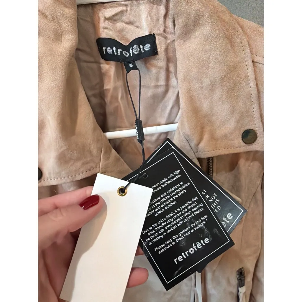 retrofete Tai Suede Moto Jacket Hummus Womens Size Small Tan - Image 13