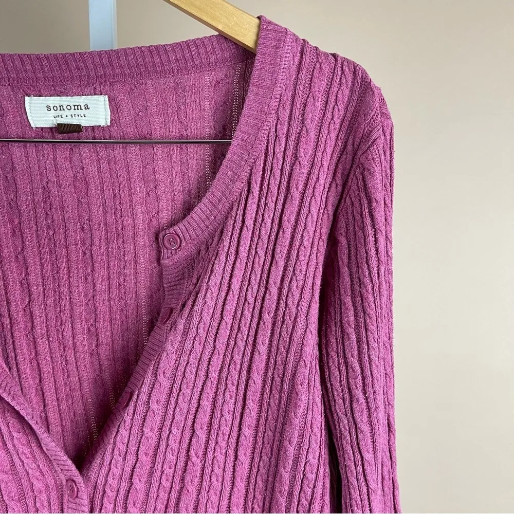 Sonoma Medium Vintage Grandma Cardigan Cotton Ribbed Cable Knit Pink Grannycore - Image 8