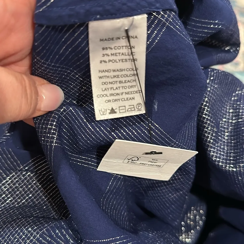 HILL HOUSE KATHERINE NAP CHECK BLUE SHORT SLEEVE METALLIC THREAD TUNIC DRESS - Image 6