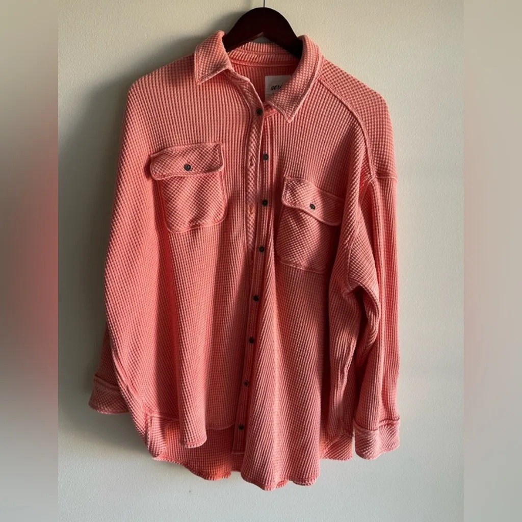 Aerie Coral Waffle LumberJane Waffle Knit Button Up Tunic Shirt Jacket L - Image 5