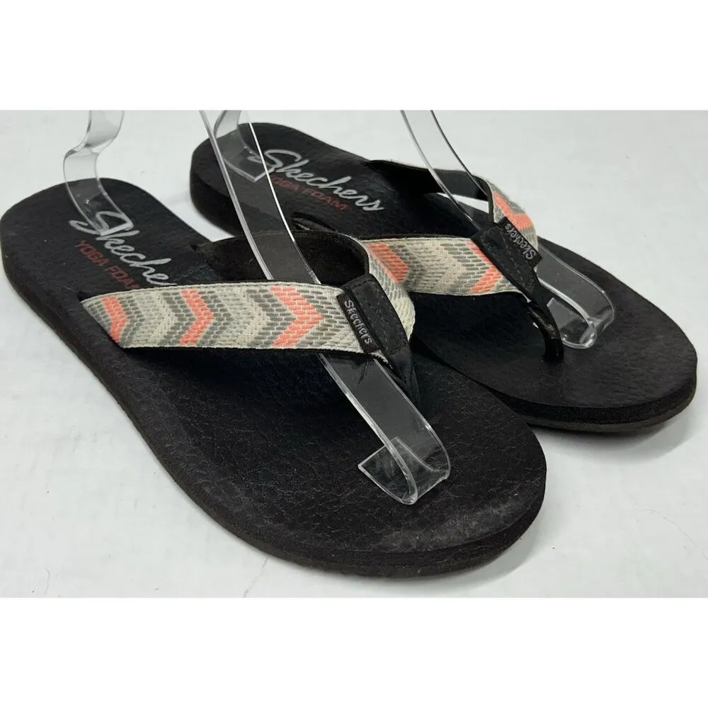 Skechers Yoga Foam Sandals flip flops Womens 10.5 Brown Gray Coral Chevron - Image 2
