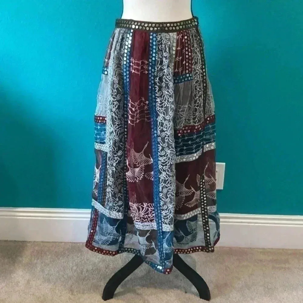 Anthropologie let me be Beaded Patchwork Silk Skirt - Image 2