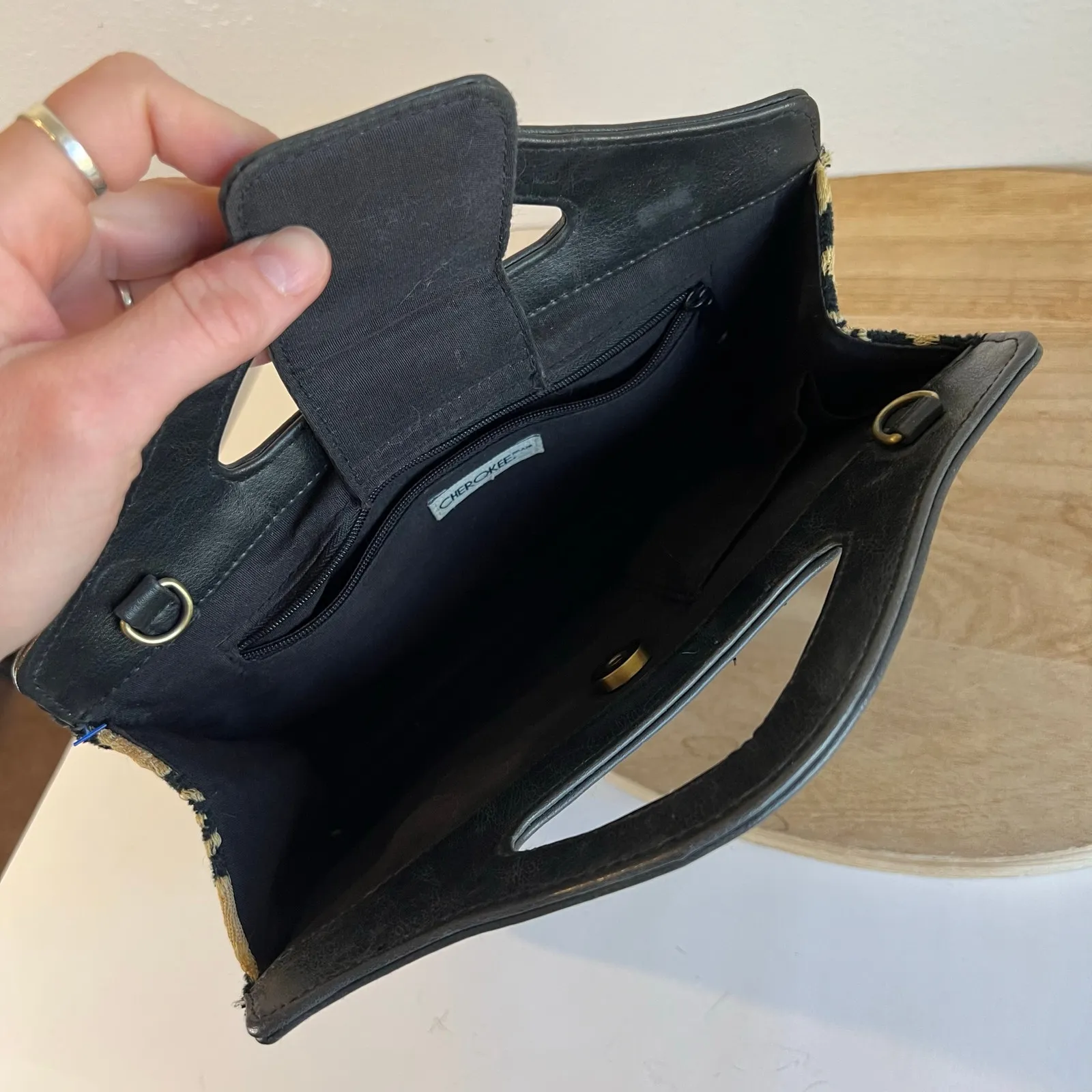 Vintage 90s Black Leather Victorian Tapestry Beaded Top Handle Small Bag - Image 5